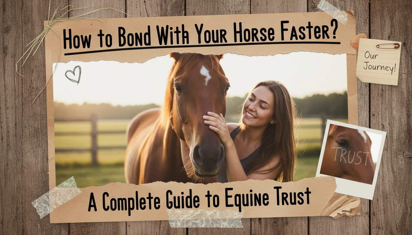 A person sitting quietly on a wooden fence next to a calm horse in a grassy field, illustrating how to bond with your horse faster?