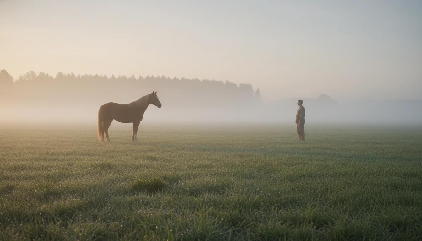 A horse and a person standing a few feet apart in a sunlit pasture, looking relaxed and comfortable in each other's space.