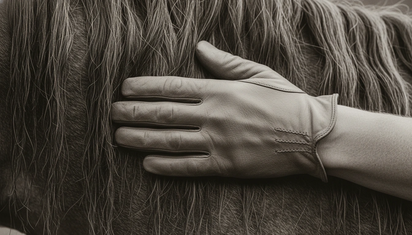 A gentle close-up of a human hand resting on a horse's neck, symbolizing the quiet bond between species.