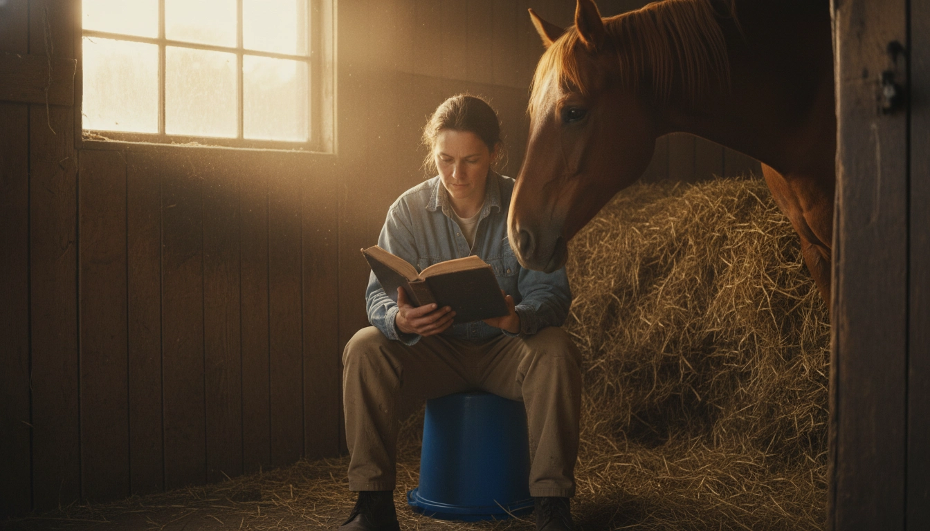 A person sitting on an overturned plastic bucket in a horse stall, reading a book while a horse investigates them curiously.