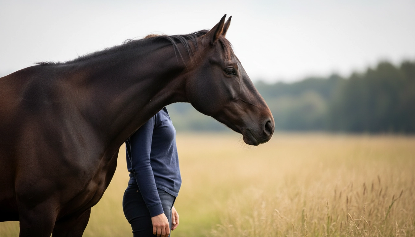 A person standing near a horse with relaxed shoulders and a soft gaze, avoiding direct eye contact to appear non-threatening.