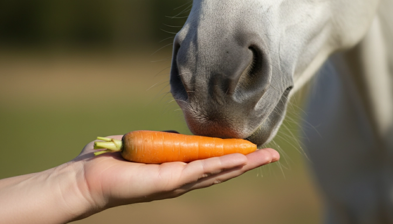 A close-up of a human hand held perfectly flat with a piece of carrot in the center, being offered to a horse's muzzle.