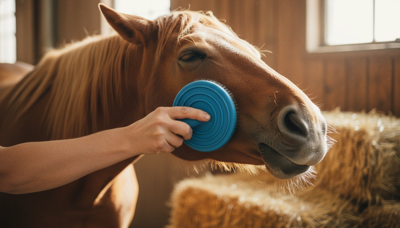 A person using a soft brush on a horse's withers, with the horse showing signs of relaxation like a drooping lower lip.