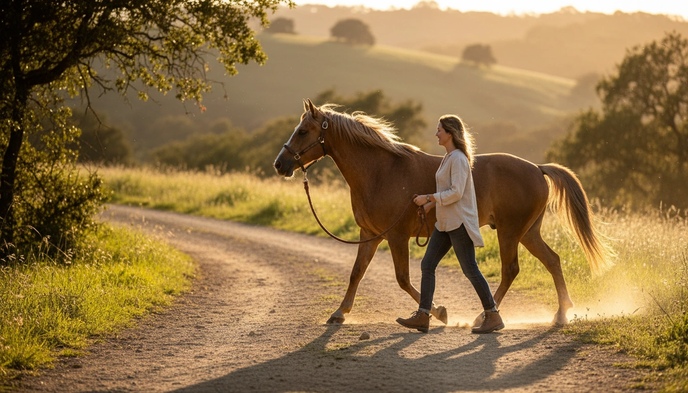 A person and horse walking side-by-side in an arena, the lead rope hanging in a relaxed "U" shape between them.