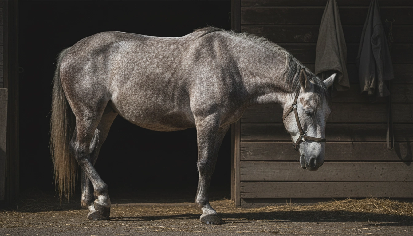 A horse standing in a cross-tie or stall with one hind hoof cocked and its head lowered in a relaxed posture.