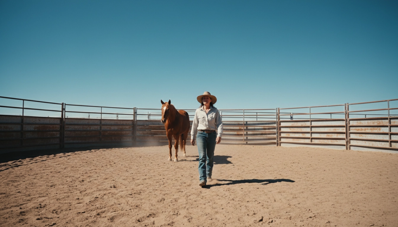 A person standing several feet away from a horse that looks slightly alert, demonstrating the importance of giving space when trust is tested.