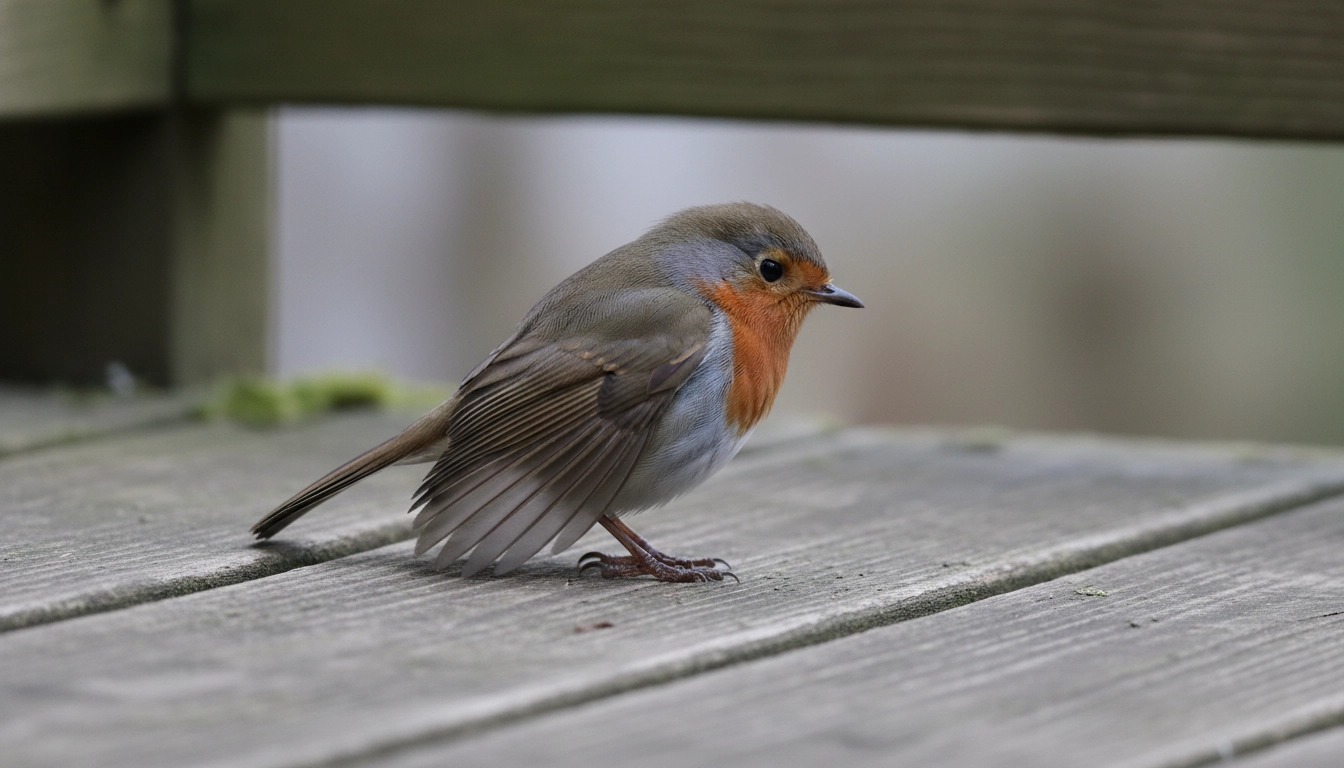 How To Help An Injured Bird At Home: A Complete Emergency Rescue Guide A bird on a wooden deck with one wing held at an awkward, drooping angle, showing signs of physical trauma.