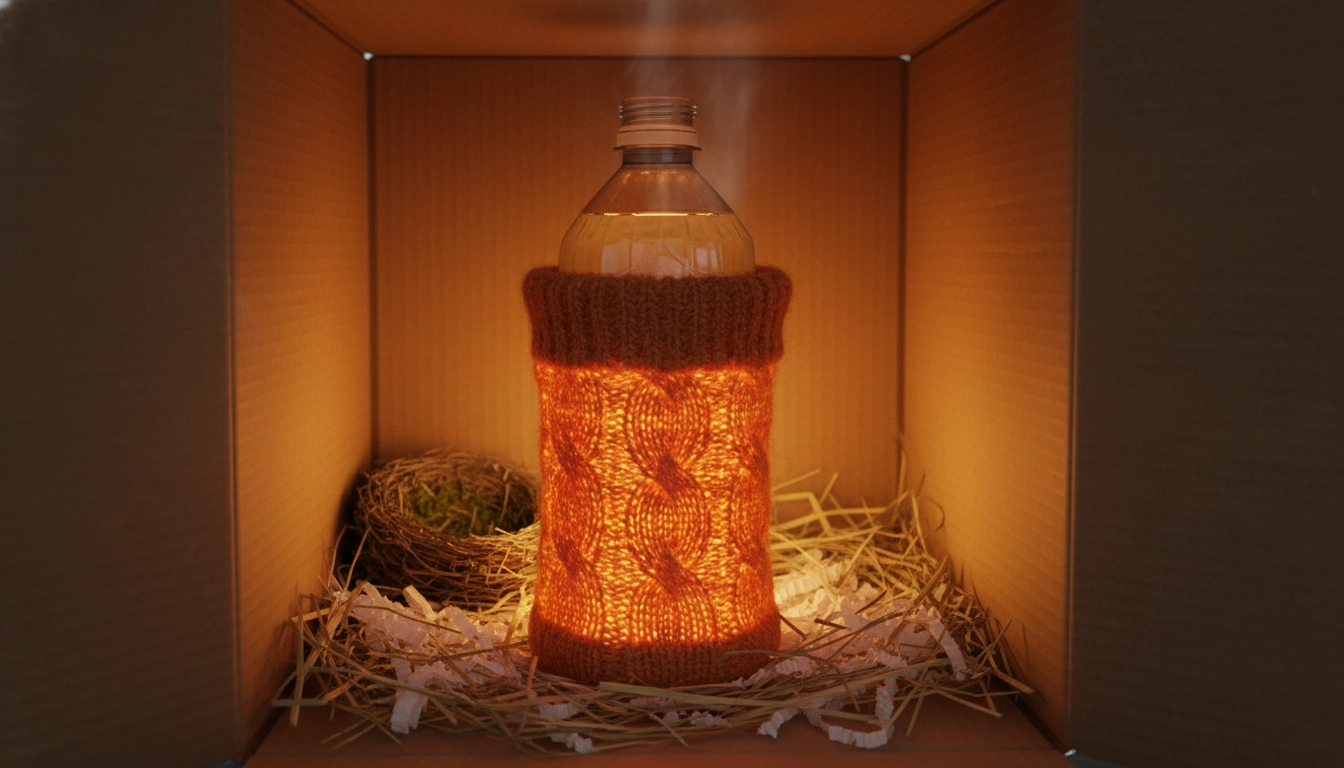 How To Help An Injured Bird At Home: A Complete Emergency Rescue Guide A plastic bottle filled with warm water and wrapped in a thick sock, placed inside a box to provide warmth for an injured bird.