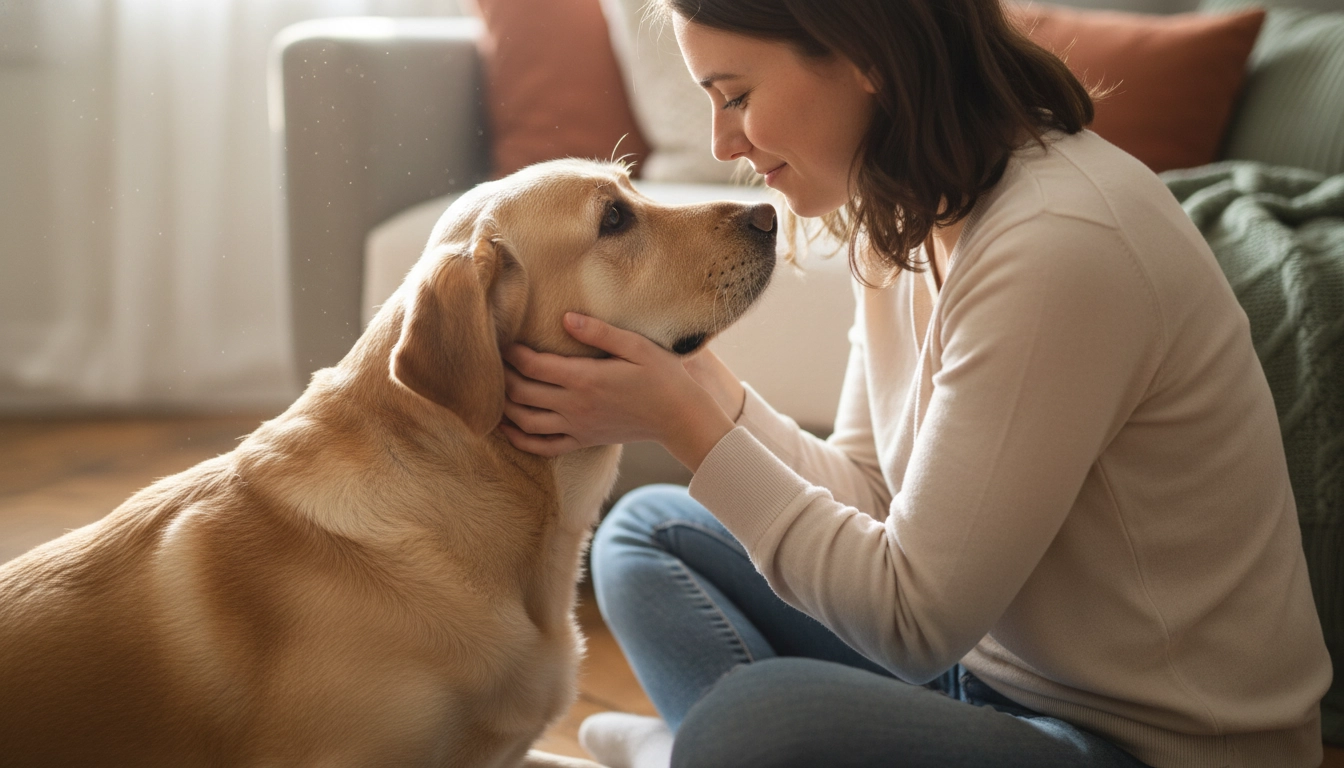 A dog and owner making soft eye contact to avoid common mistakes to avoid during training.