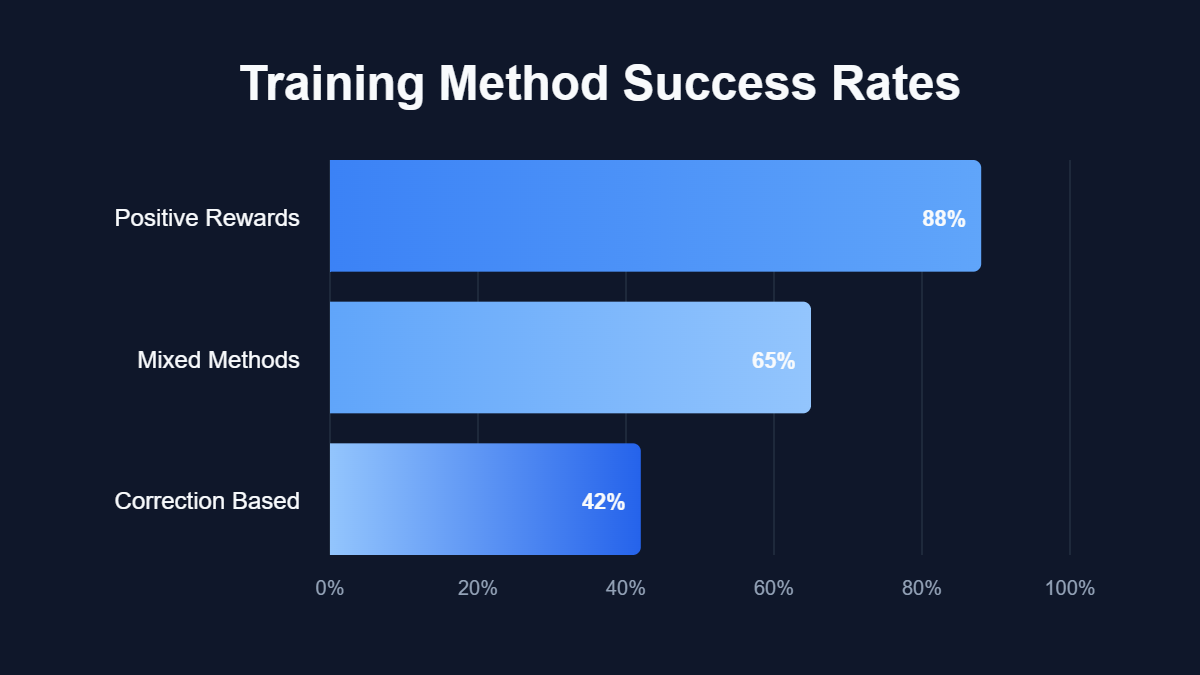 A bar chart titled "Training Method Success Rates" showing data for Positive Rewards, Mixed Methods, Correction Based.
