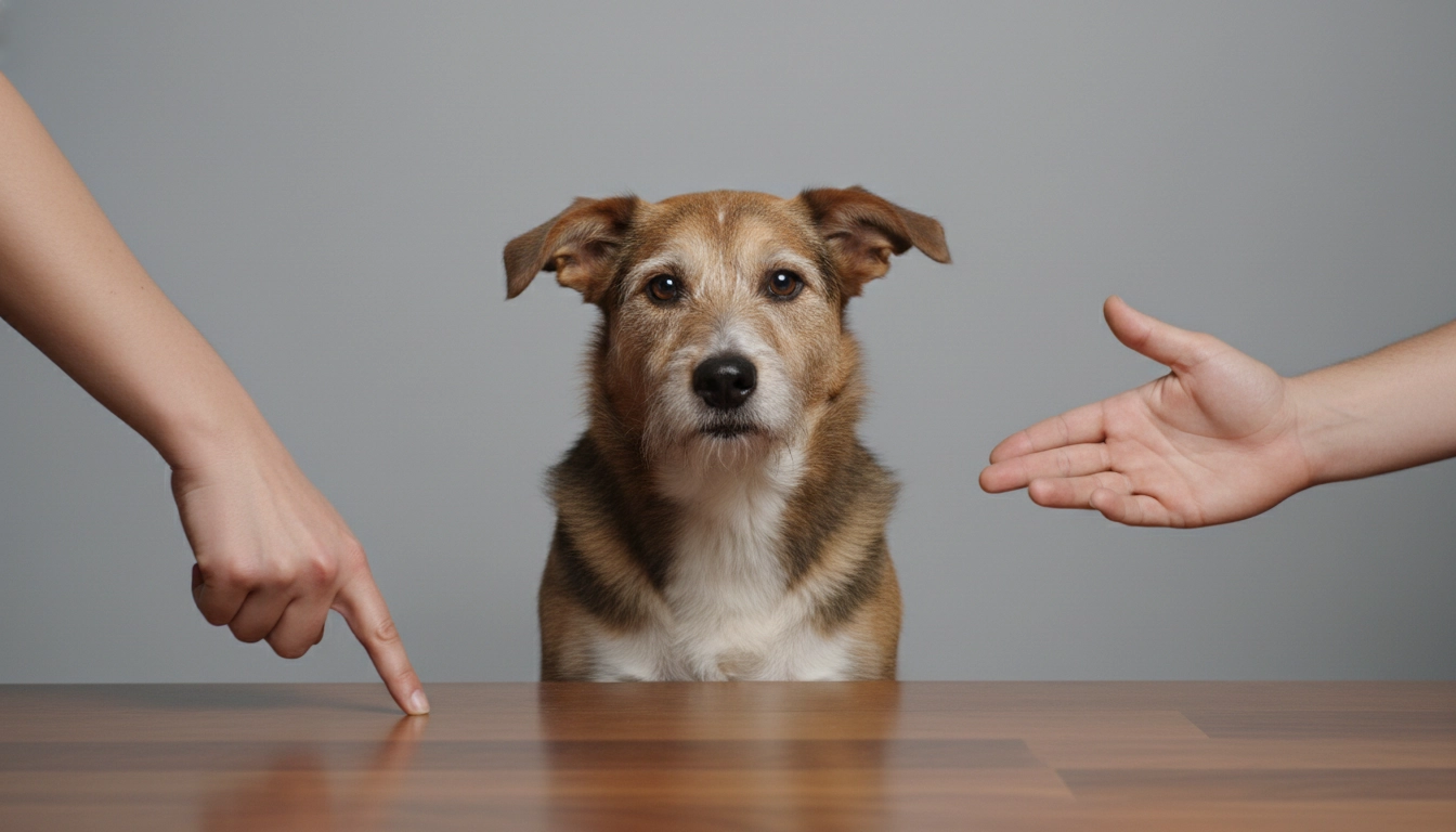 A confused dog looking between two owners who are giving different hand signals, a classic example of mistakes to avoid during training.