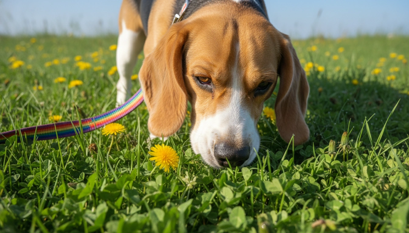 A Beagle intensely sniffing a patch of grass, illustrating the need for patience and avoiding mistakes to avoid during training.