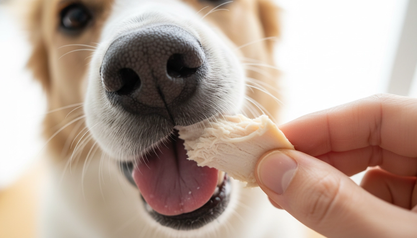 A happy dog gently taking a piece of chicken from a hand, focusing on positive reinforcement rather than mistakes to avoid during training.