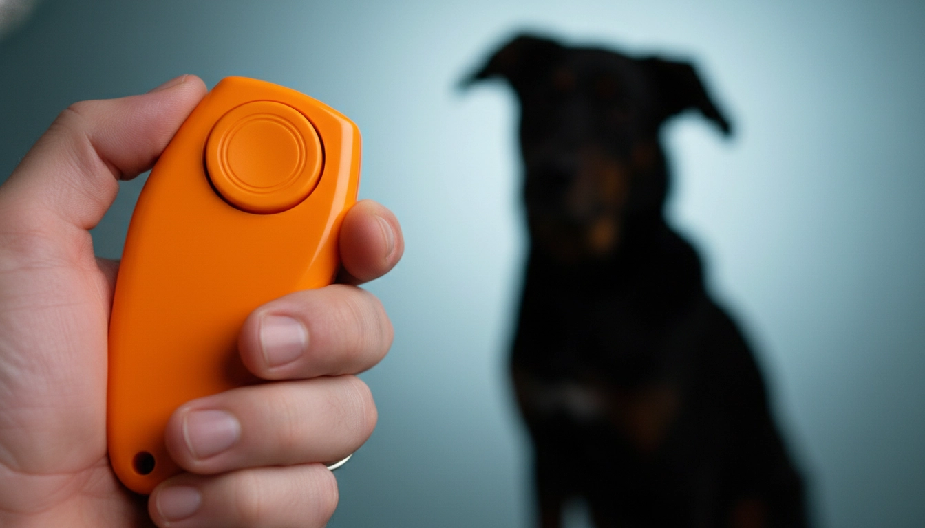 A hand clicking a training clicker the moment a dog performs a task, preventing common mistakes to avoid during training.