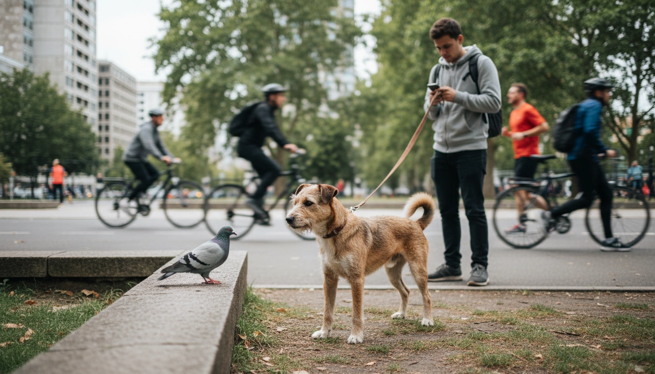 A dog attempting to sit in a busy park with distractions, showing why environment choice is key to avoiding mistakes to avoid during training.