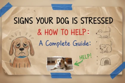 A slightly blurry, homemade-style photo of a worried dog with its ears pinned back, illustrating the signs your dog is stressed and how to help.