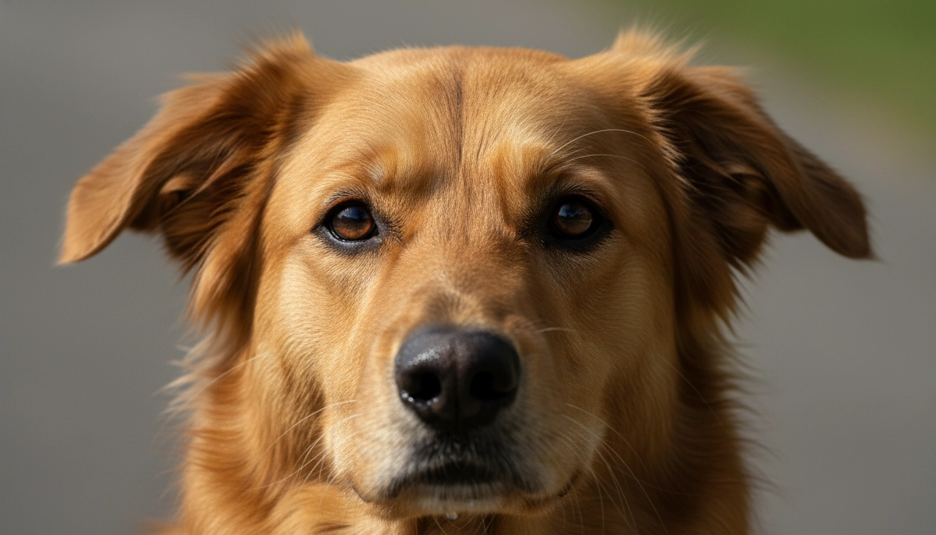 A close-up of a dog looking alert and tense, showing the physical signs of a canine stress response.
