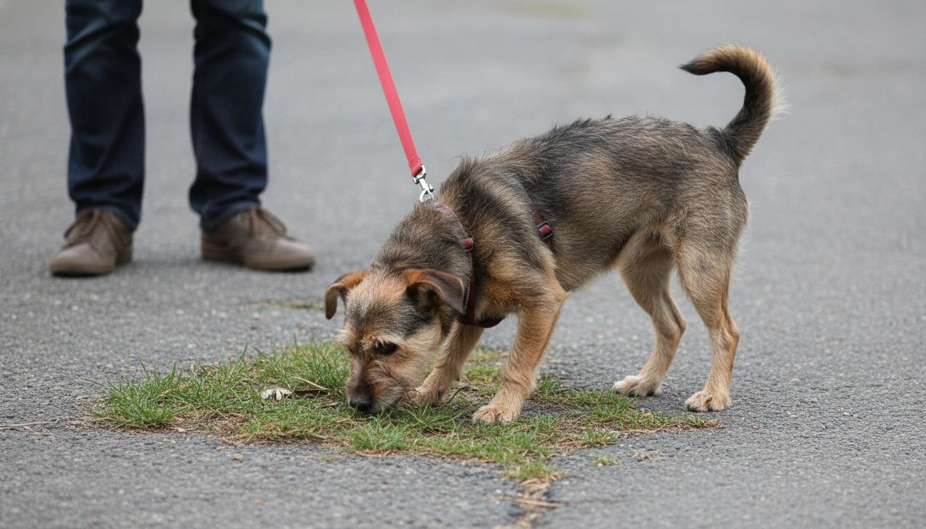 A dog sniffing the ground intensely while looking distracted, showing signs your dog is stressed and how to help identify displacement behaviors.
