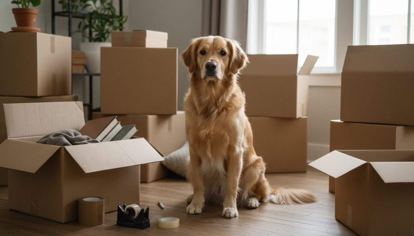 An anxious-looking dog sitting among cardboard moving boxes, illustrating common causes of canine stress.