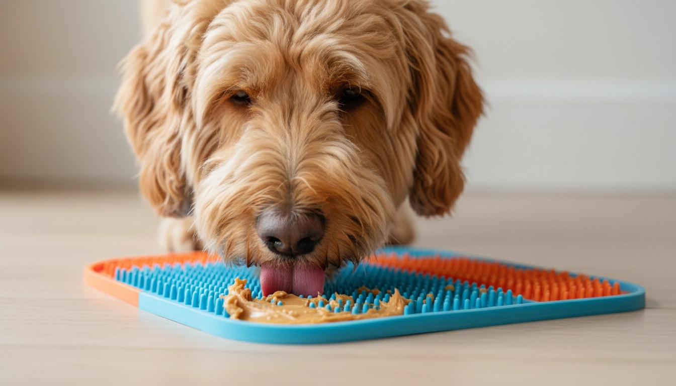 A calm dog focused on a silicone licky mat, demonstrating how to help a stressed dog quickly.