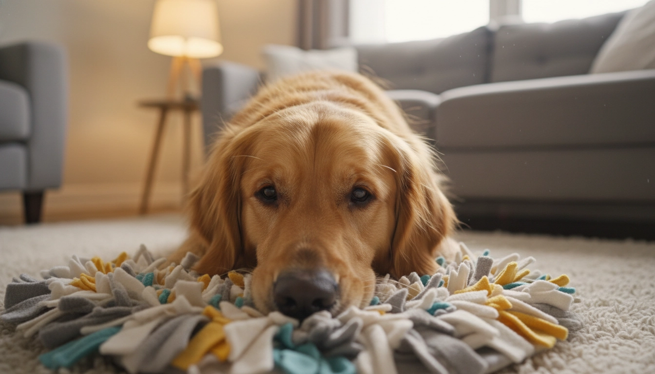 A dog using its nose to find hidden treats in a living room, showing long-term ways to reduce dog stress.