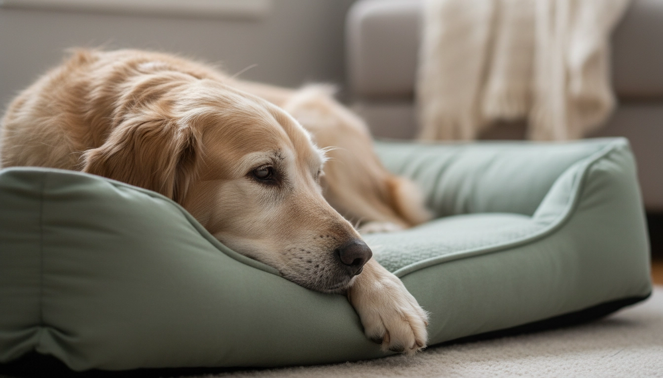 An older dog resting on an orthopedic bed, illustrating when to worry about stress linked to physical pain.