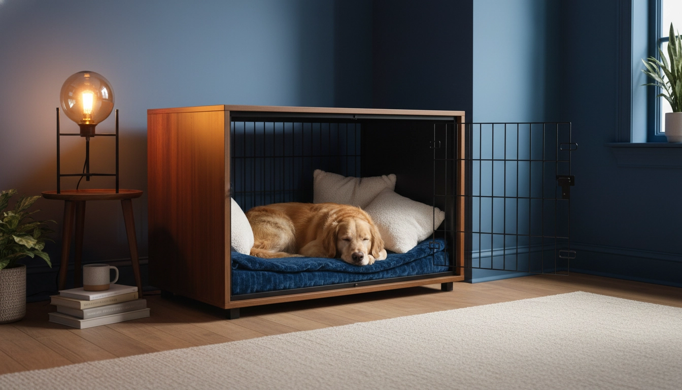 A dog resting calmly in a crate with the door open, showing how to help prevent stress by providing a safe space.