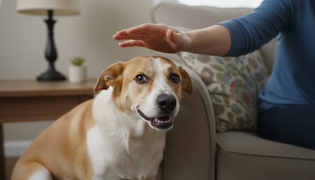 A person's hand reaching toward a dog that is leaning away, illustrating common mistakes in handling a stressed dog.