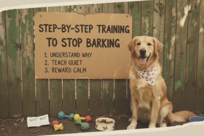 A real-life, slightly blurry photo of a dog barking at a window, perfect for a guide on Step-by-step training to stop barking.