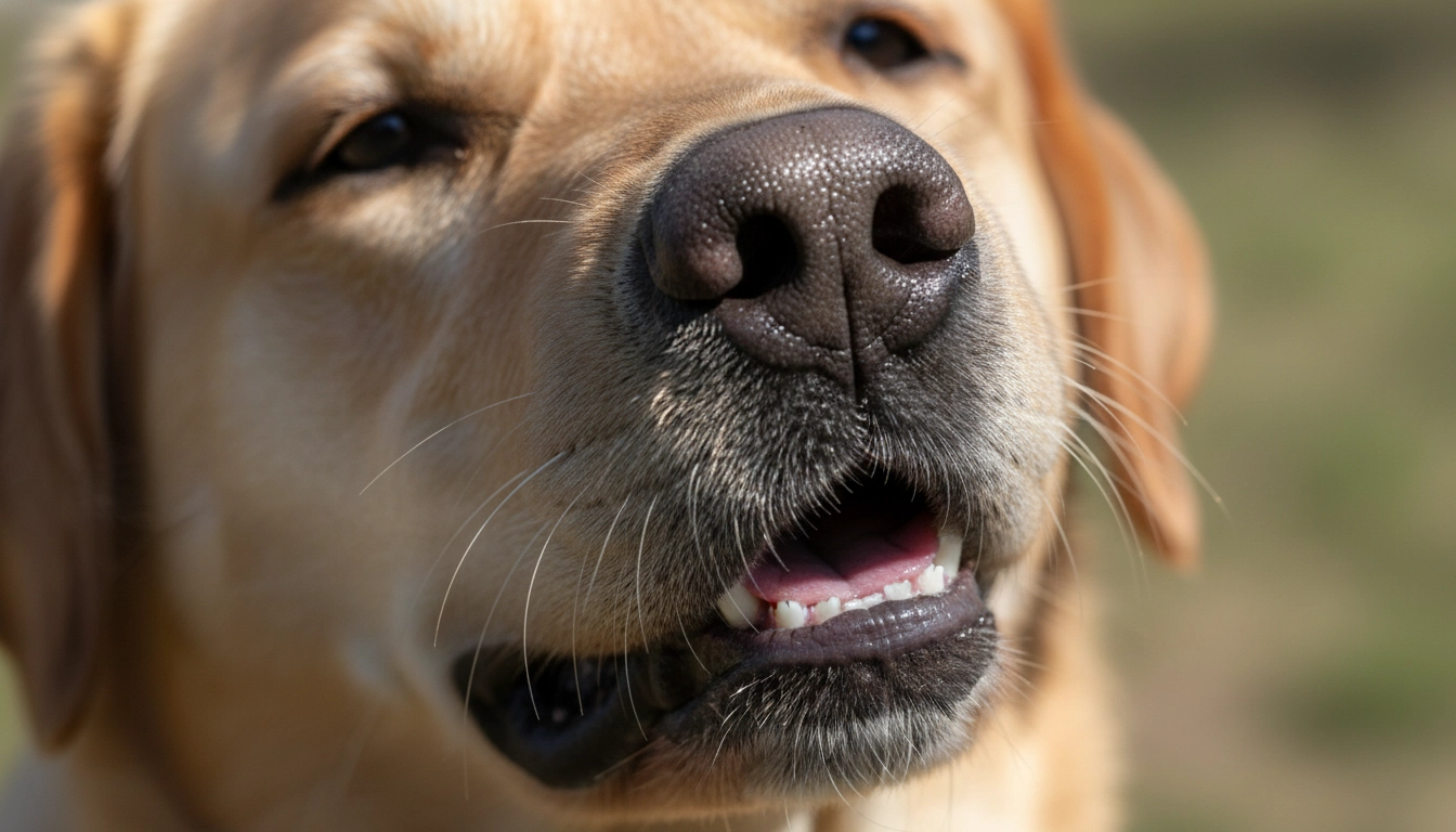 A close-up shot of a dog’s face showing the "huff" expression used in Step-by-step training to stop barking.