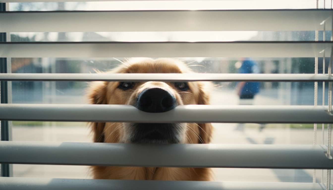 A dog peering through window blinds, identifying a trigger for Step-by-step training to stop barking.