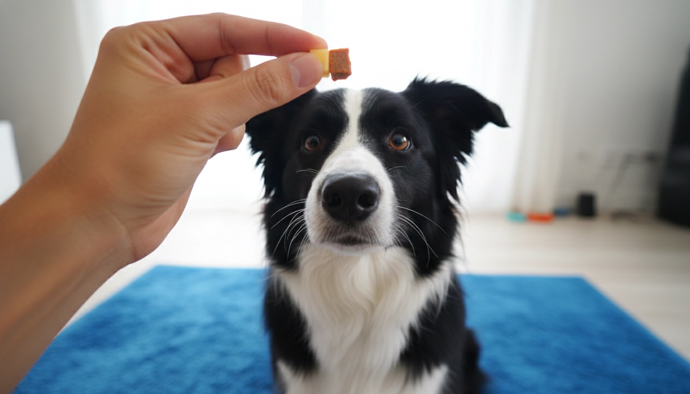 An owner giving a treat to a calm dog sitting on a mat during Step-by-step training to stop barking.