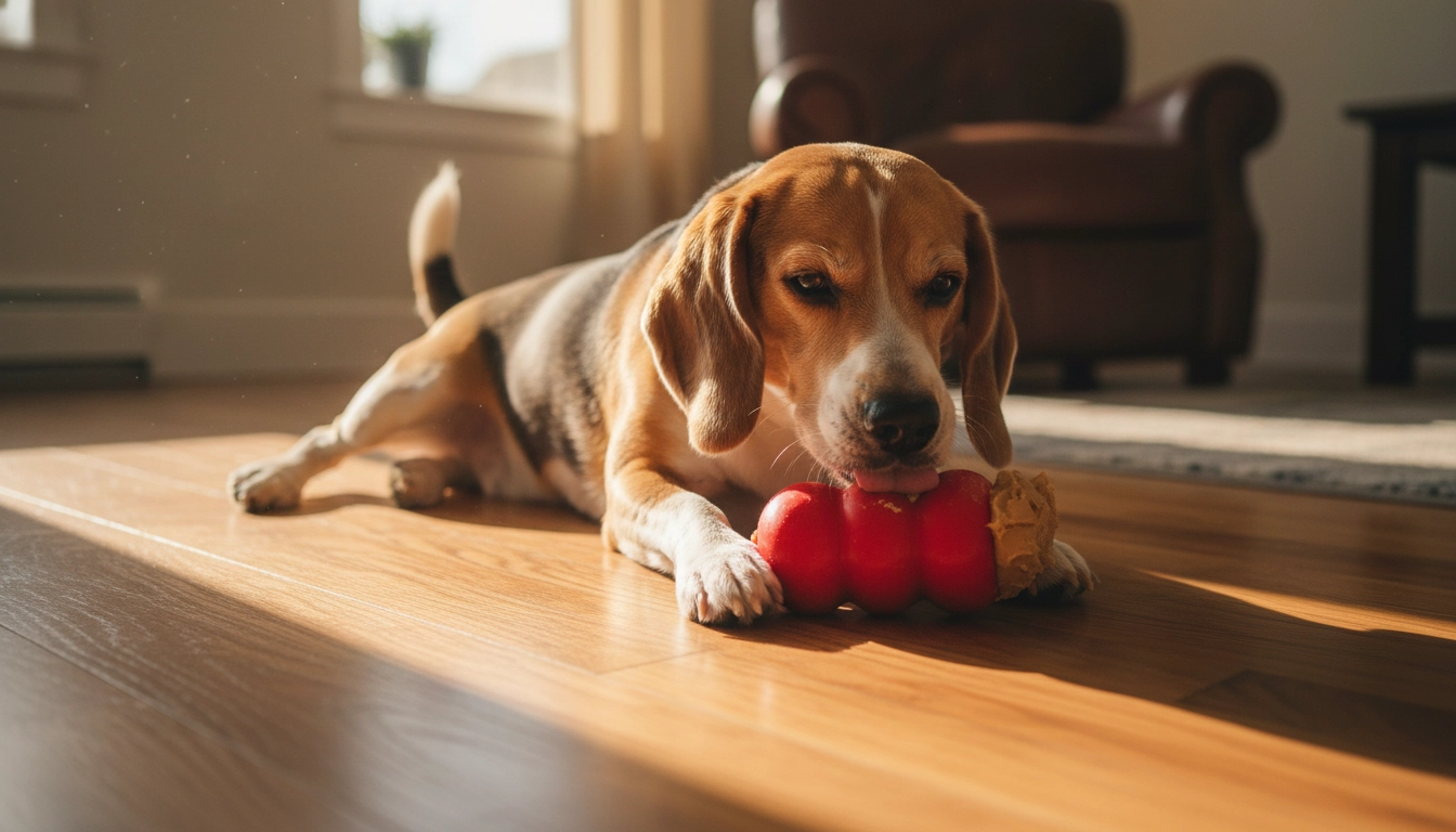 A dog lying down and licking a stuffed rubber toy, a key tool in Step-by-step training to stop barking.