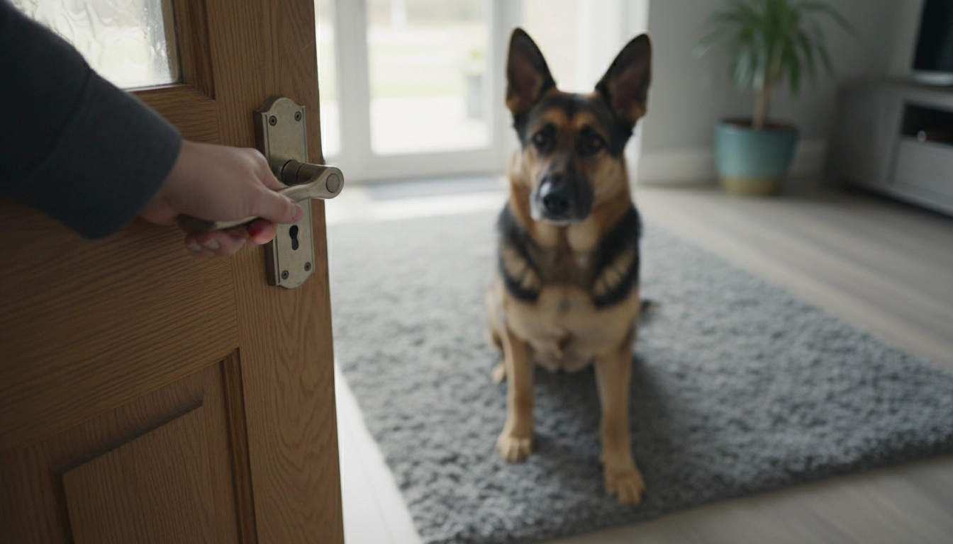An owner stepping out of a door while a dog remains calm, part of advanced Step-by-step training to stop barking.