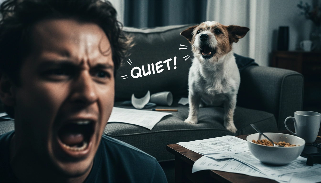 A person yelling at a dog, illustrating a common mistake in Step-by-step training to stop barking.