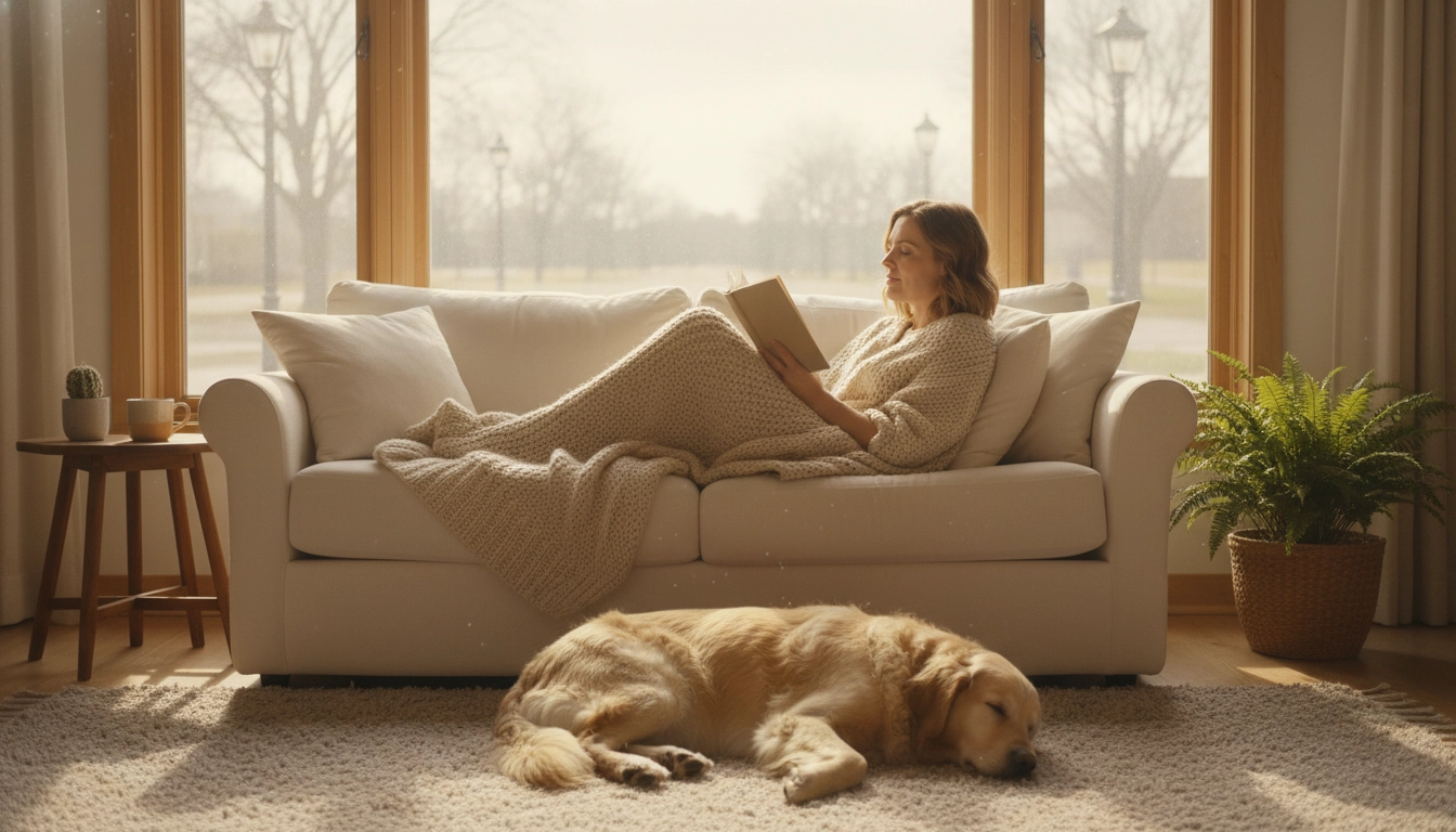 A woman and her dog sitting quietly on a sofa, the result of Step-by-step training to stop barking.