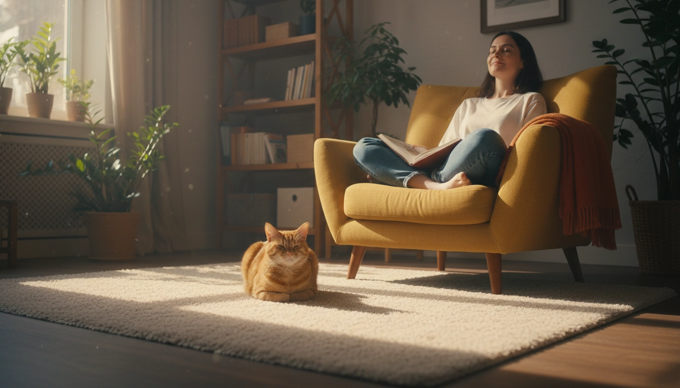A cat sitting comfortably near its owner, showing a relaxed posture and mutual respect.
