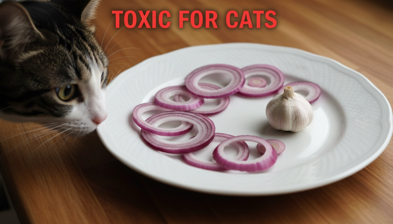 A cat sniffing a plate containing onions and garlic, showing why you must Stop Doing This to Your Cat NOW! regarding human scraps.