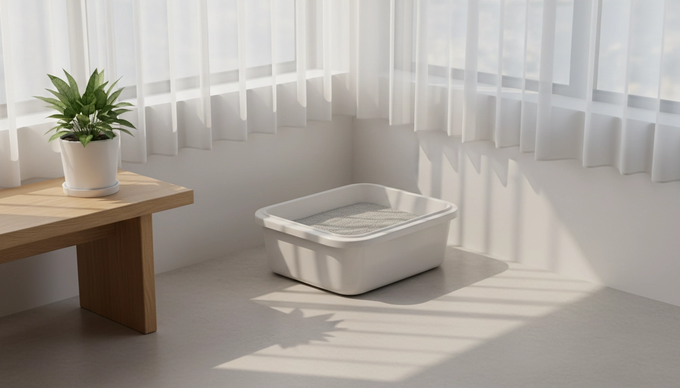 A pristine, unscented litter box tucked into a quiet corner of a room, emphasizing proper hygiene.