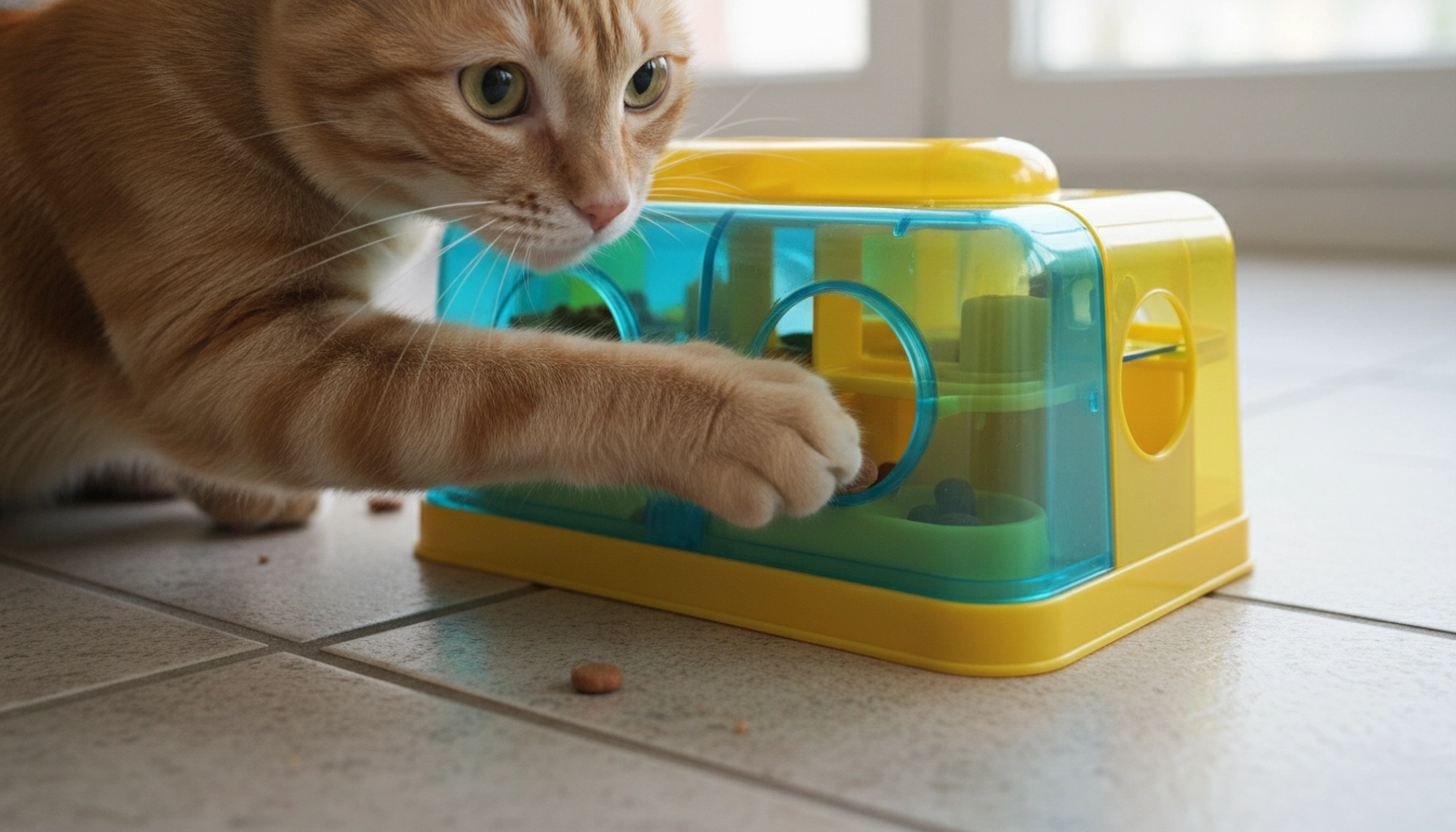 A domestic cat using its paws to get kibble out of a plastic puzzle feeder to prevent overfeeding.
