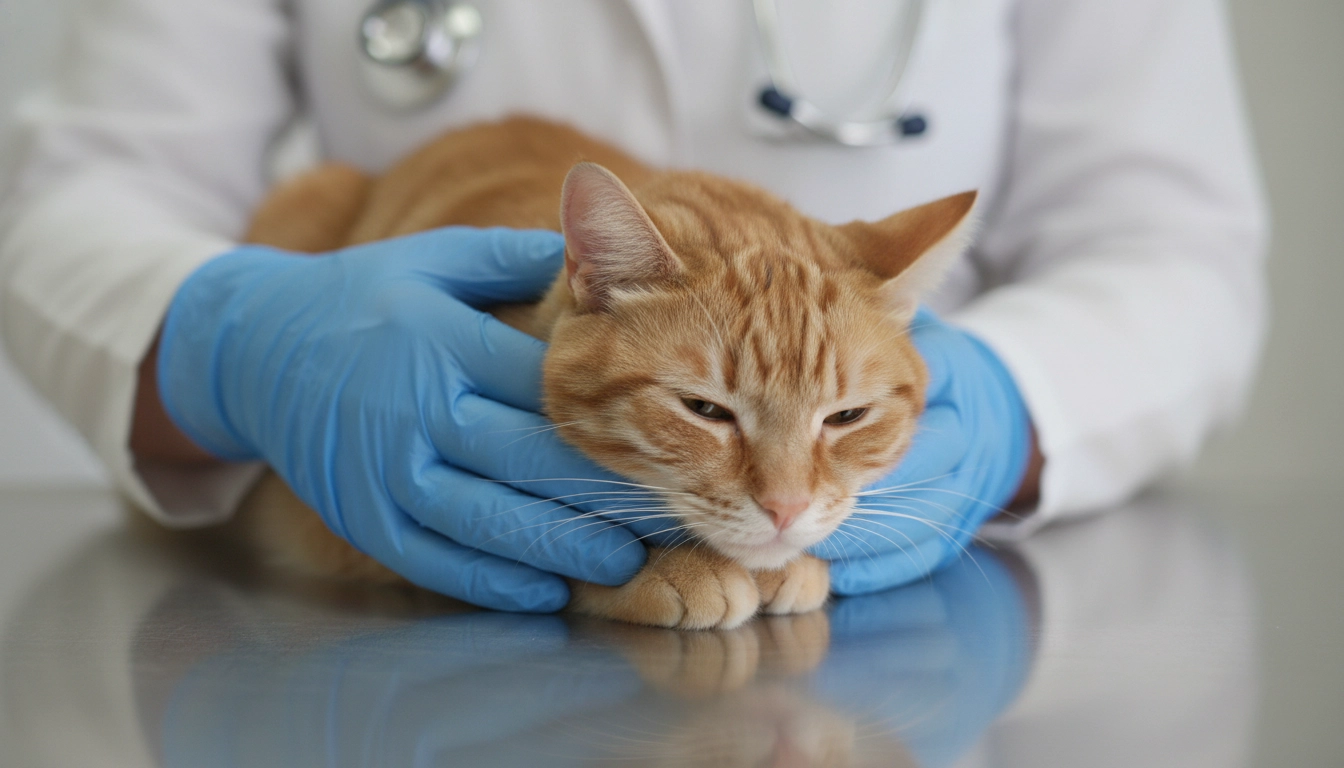 A veterinarian gently examining a calm cat on a silver table during a routine checkup.