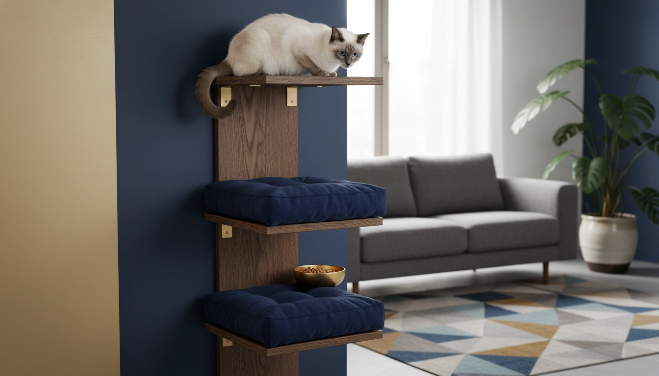 A confident cat sitting on a high wall-mounted shelf, looking down at the room below.