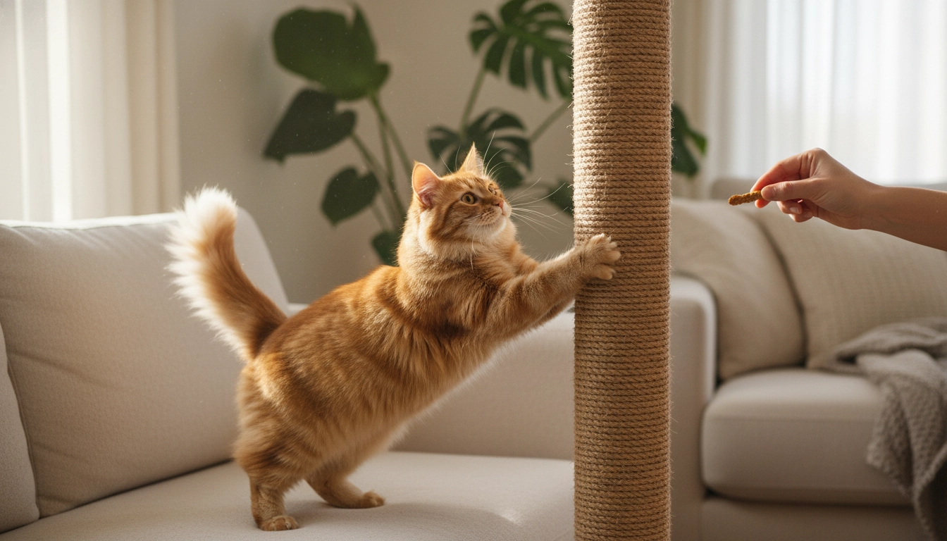 A cat scratching a tall sisal post while a human hand offers a treat nearby.