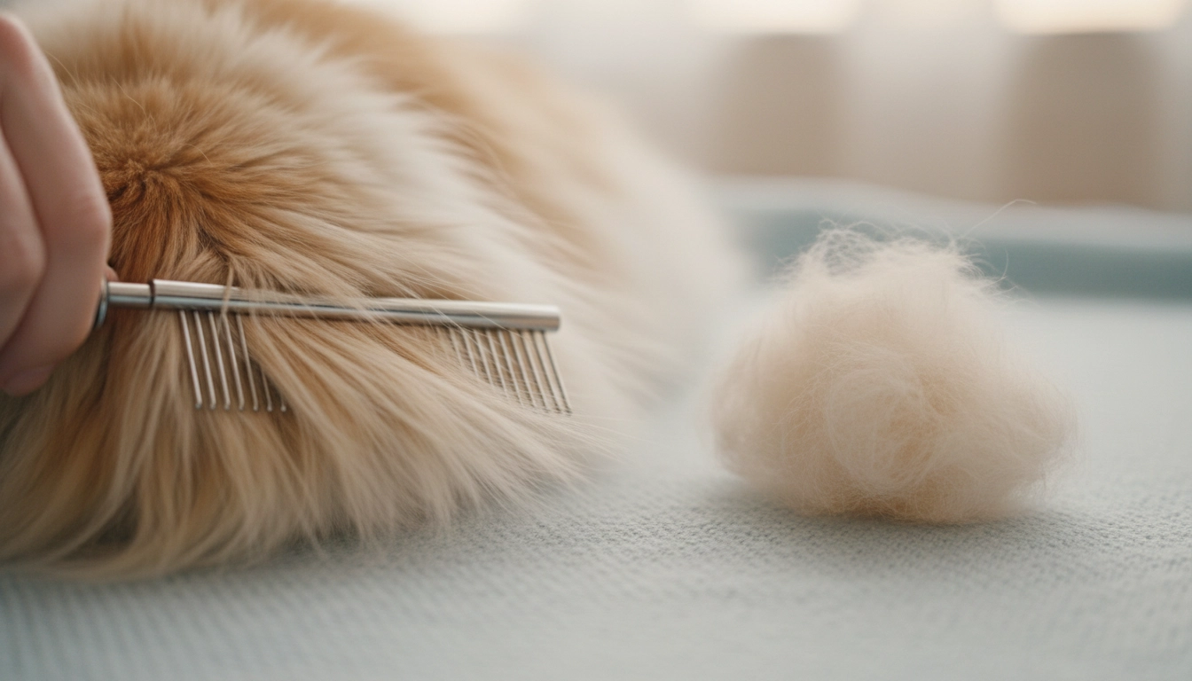 A person using a grooming brush on a cat to remove loose fur and check for lumps.