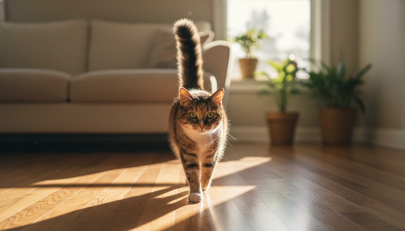 A cat walking toward the camera with its tail held straight up in a friendly greeting.