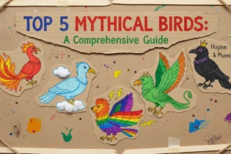 A homemade collage on a messy desk showing sketches and notes answering the question: What are the top 5 mythical birds?