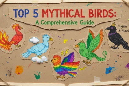 A homemade collage on a messy desk showing sketches and notes answering the question: What are the top 5 mythical birds?