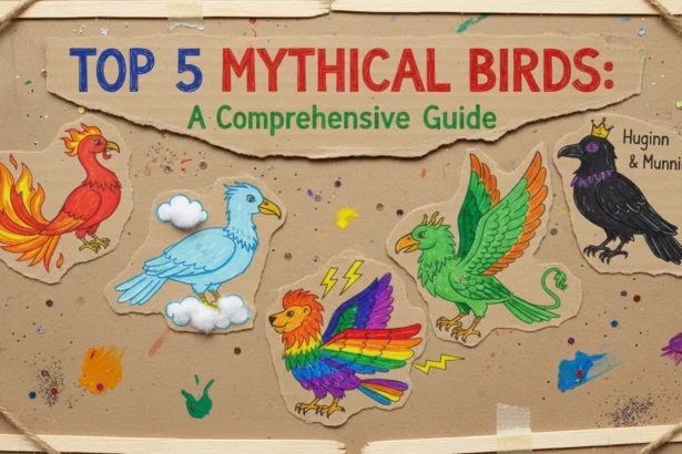 A homemade collage on a messy desk showing sketches and notes answering the question: What are the top 5 mythical birds?