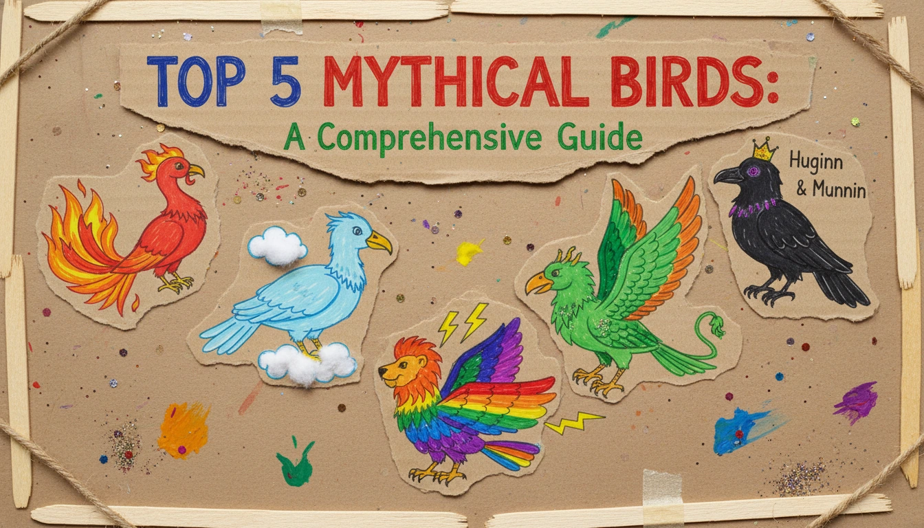 A homemade collage on a messy desk showing sketches and notes answering the question: What are the top 5 mythical birds?