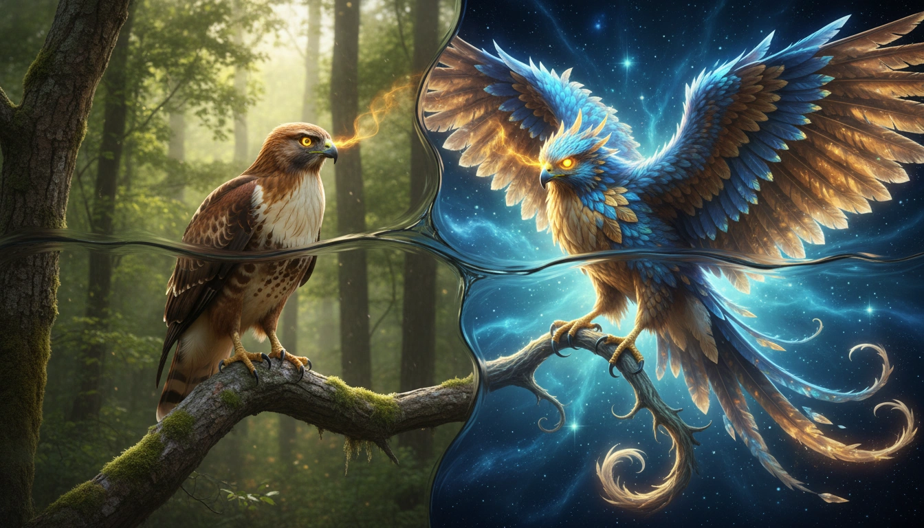A split-screen graphic showing a real hawk on one side and its mythical, glowing counterpart on the other.